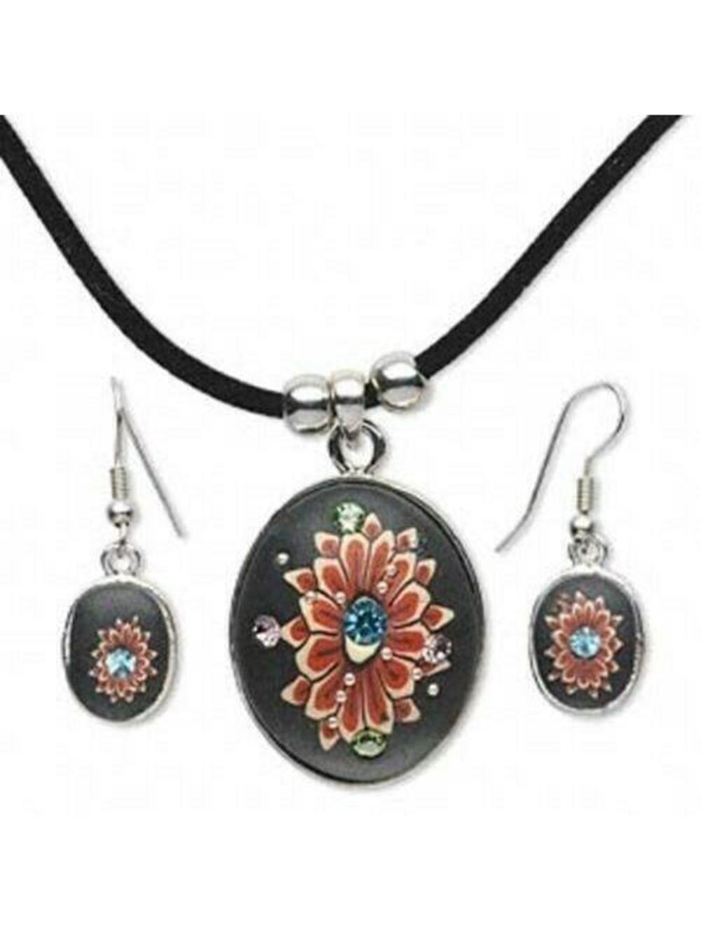 Black Red Polymer Clay Flowers Silver Black Velvet Necklace Earrings Set